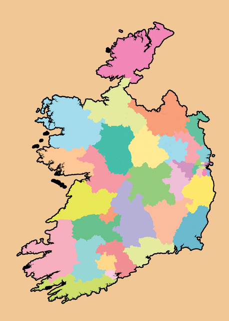 Map of Ireland divided into coloured constituencies